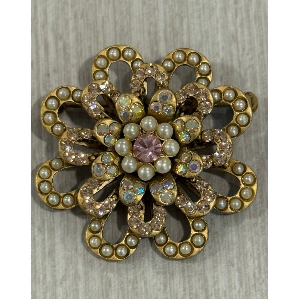 Vintage Lee Angel Brooch Matte Gold Tone Pearl Aurora Borealis Rhinestone